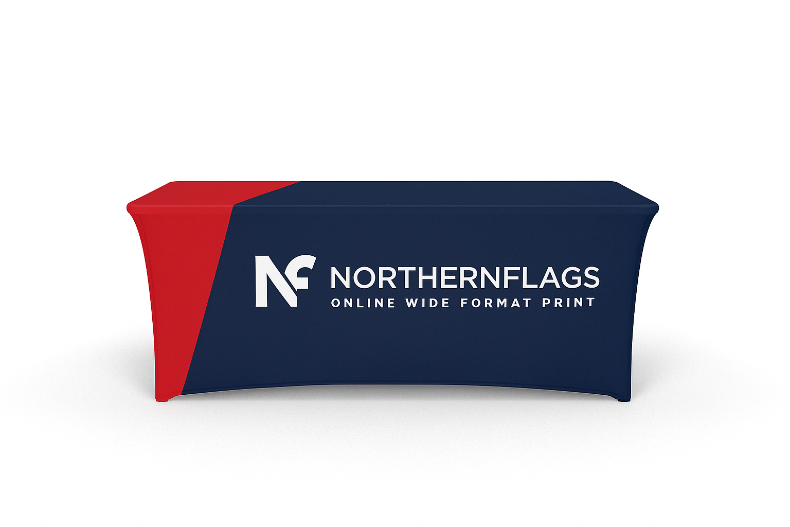 Stretch branded tablecloth example printed in Leeds, UK