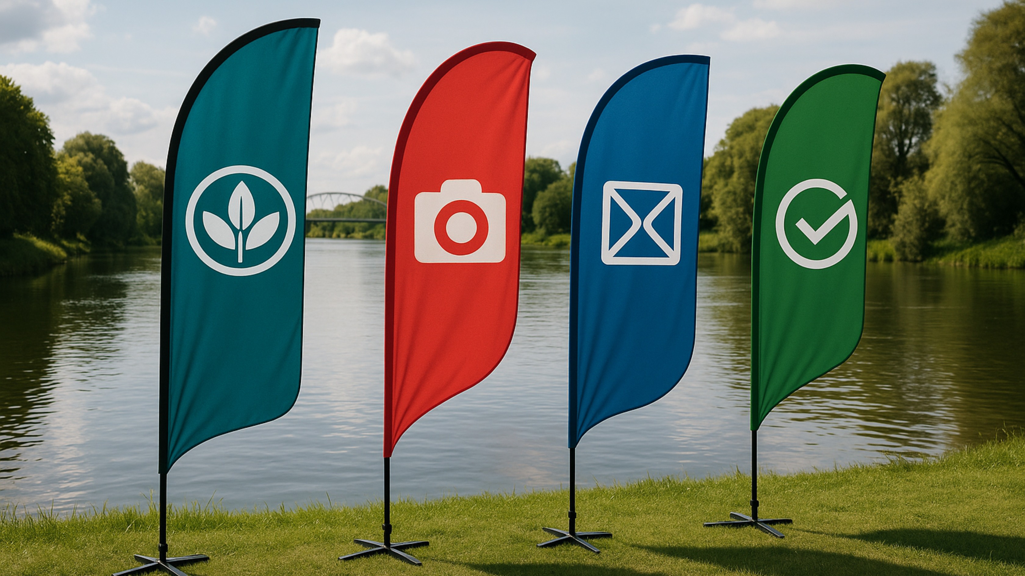 Different shapes and sizes of feather flags on display