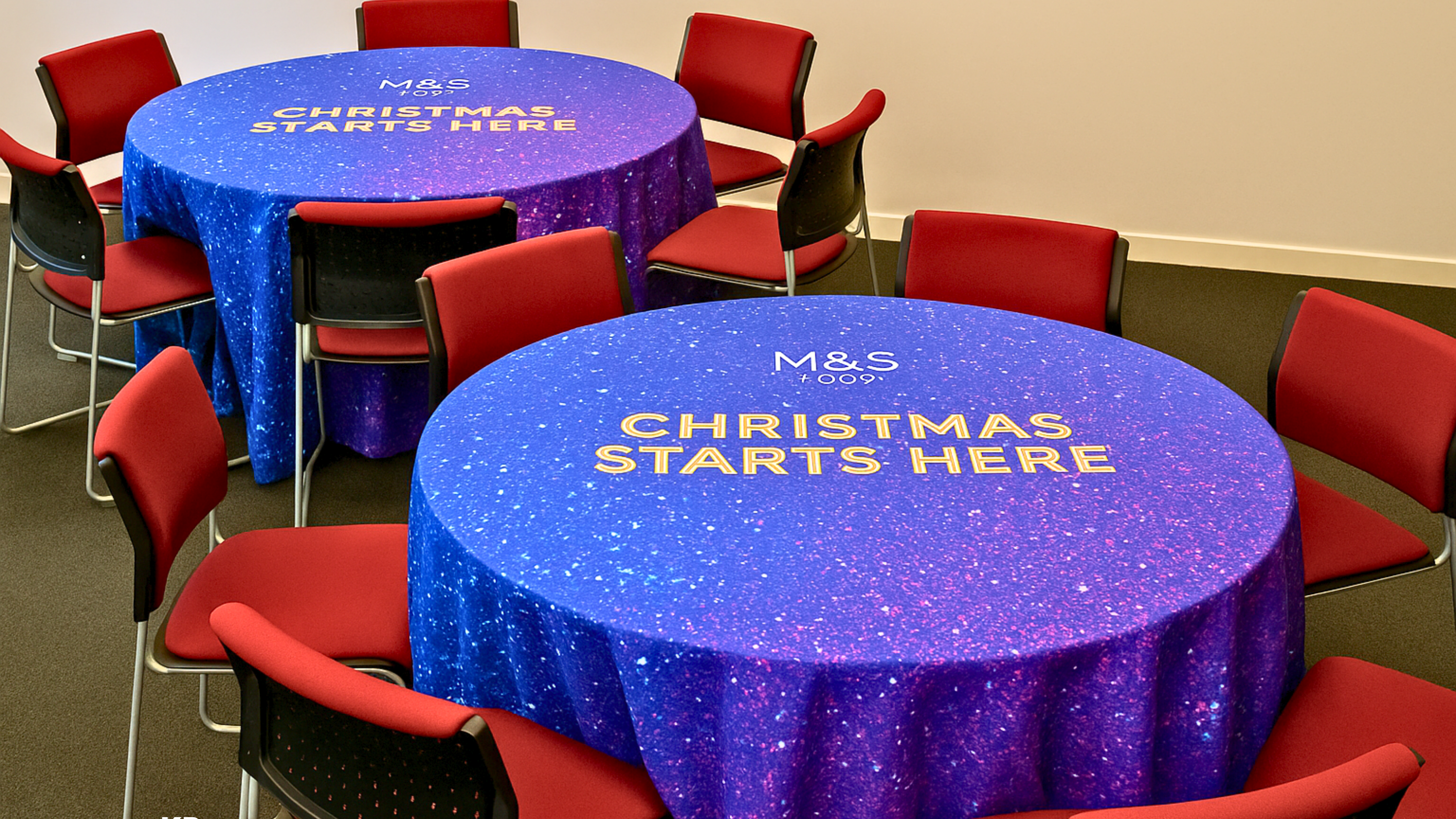 Stretch branded tablecloth example printed in Leeds, UK