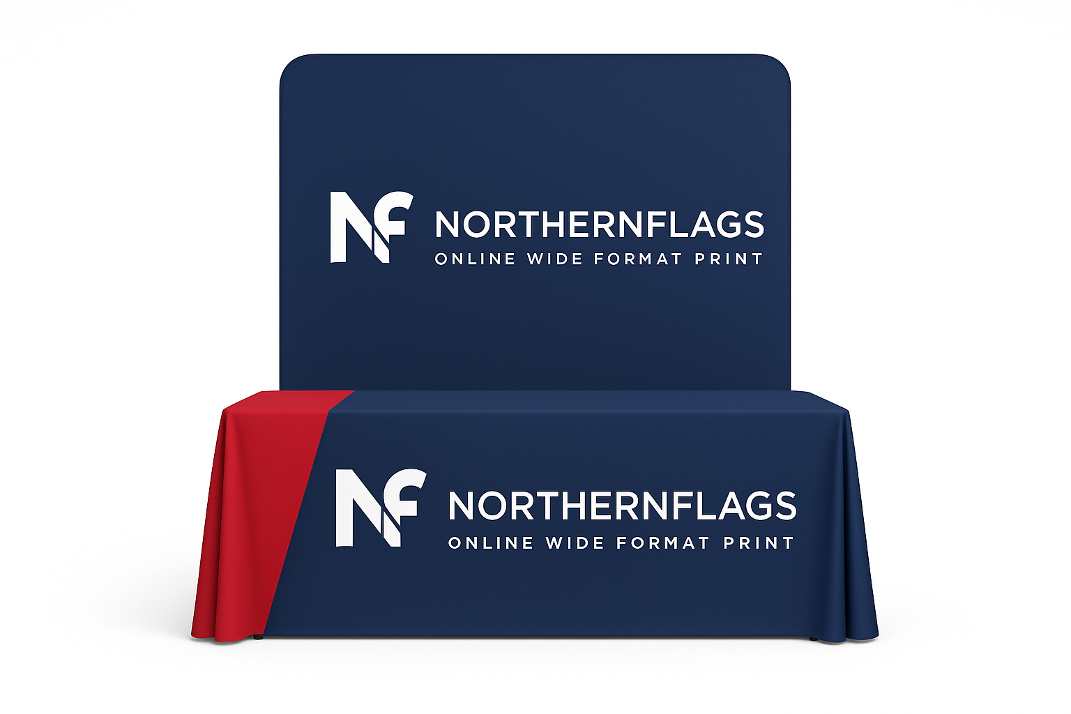A standard printed tablecloth with a matching backdrop printed by Northern Flags in Leeds, UK