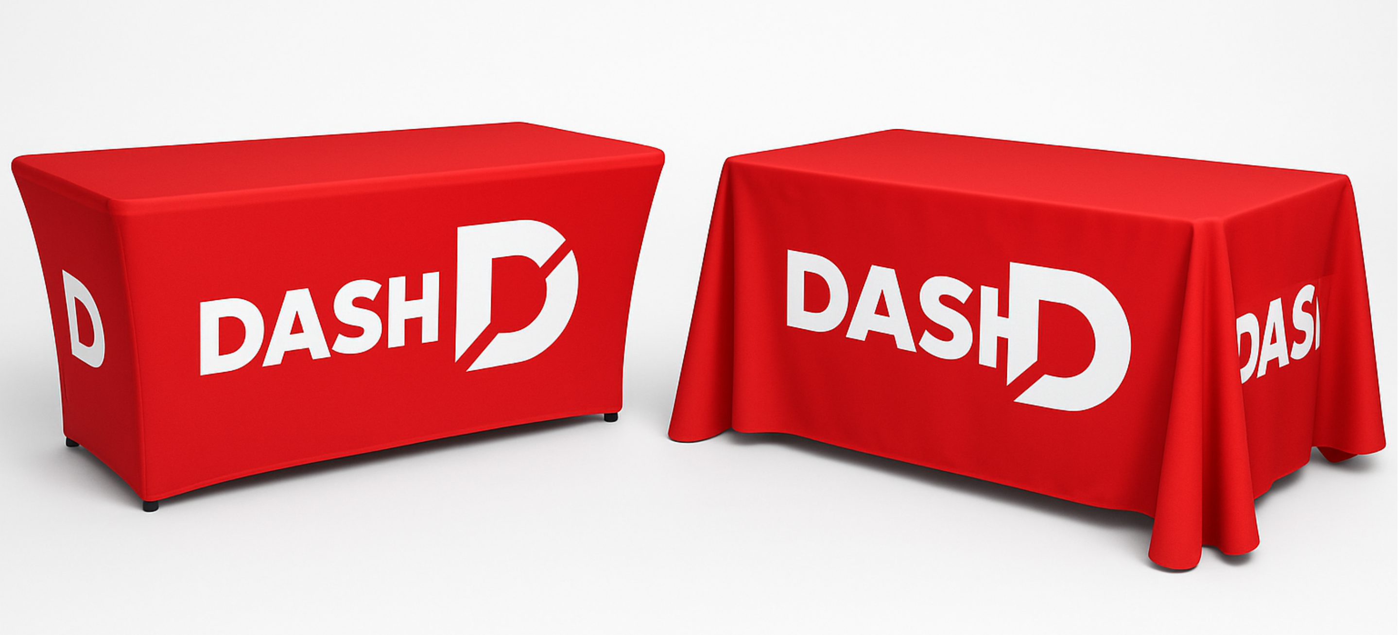 Stretch branded tablecloth (left) and a standed printed tablecloth (right) | by Northern Flags in Leeds